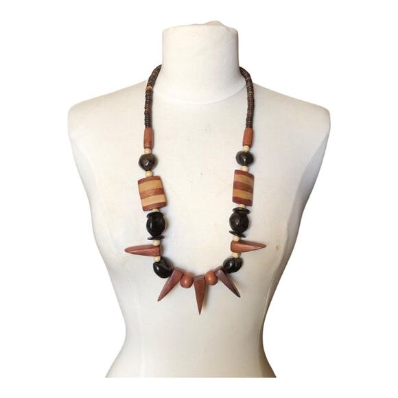 Vintage 1980’s Tribal Inspired Chunky Variety Style Shapes Wooden Brown Necklace - Picture 9 of 10